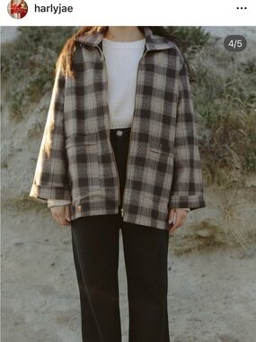 Plaid Zip-Front Utility Jacket in Brown/Beige